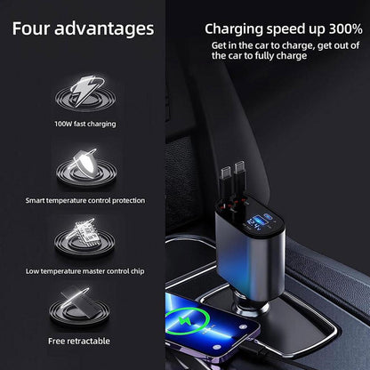 120W 4 in 1 Car Phone Charger with LED digital display, Retractable 2 Cables Type C PD Cigarette Lighter Adapter