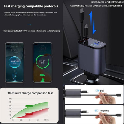 120W 4 in 1 Car Phone Charger with LED digital display, Retractable 2 Cables Type C PD Cigarette Lighter Adapter